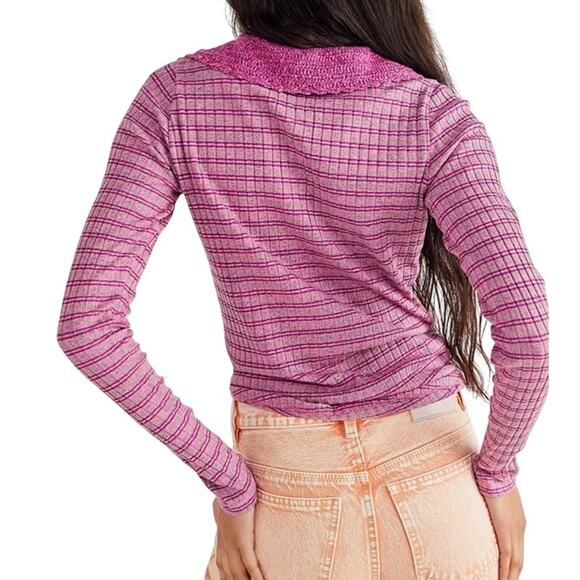 Free People Delilah‎ Henley Top Crochet Collar Pink Striped SM Vintage Style EUC - Picture 2 of 9